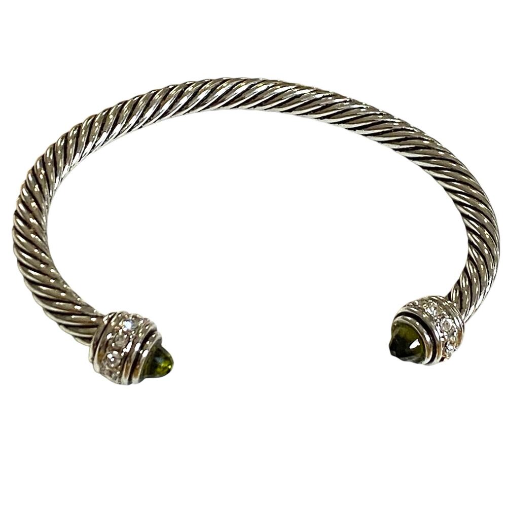 Elegant Silver Toned Cable Classics Bracelet with Green Stones and Rhinestones